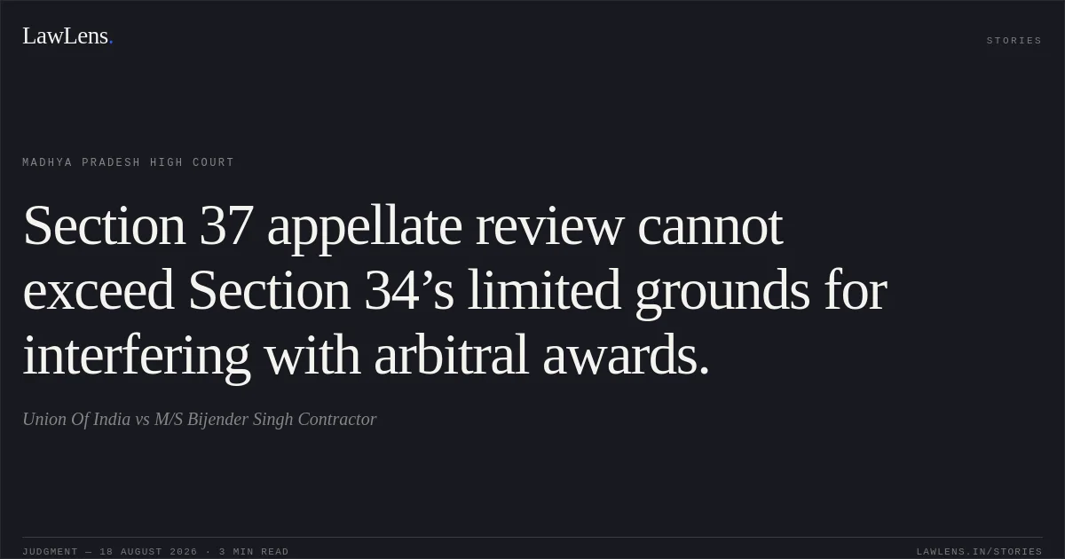 Section 37 appellate review cannot exceed Section 34’s limited grounds for interfering with arbitral awards.. Union Of India vs M/S Bijender Singh Contractor. Madhya Pradesh High Court. LawLens