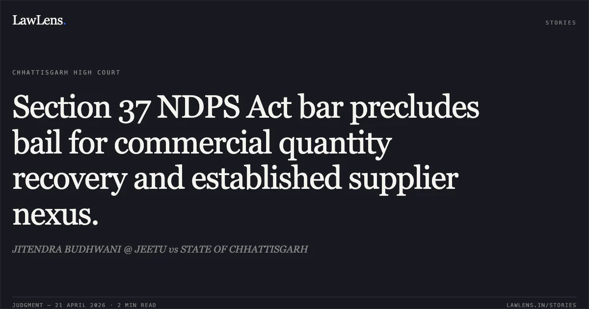 Section 37 NDPS Act bar precludes bail for commercial quantity recovery and established supplier nexus.. JITENDRA BUDHWANI @ JEETU vs STATE OF CHHATTISGARH. Chhattisgarh High Court. LawLens