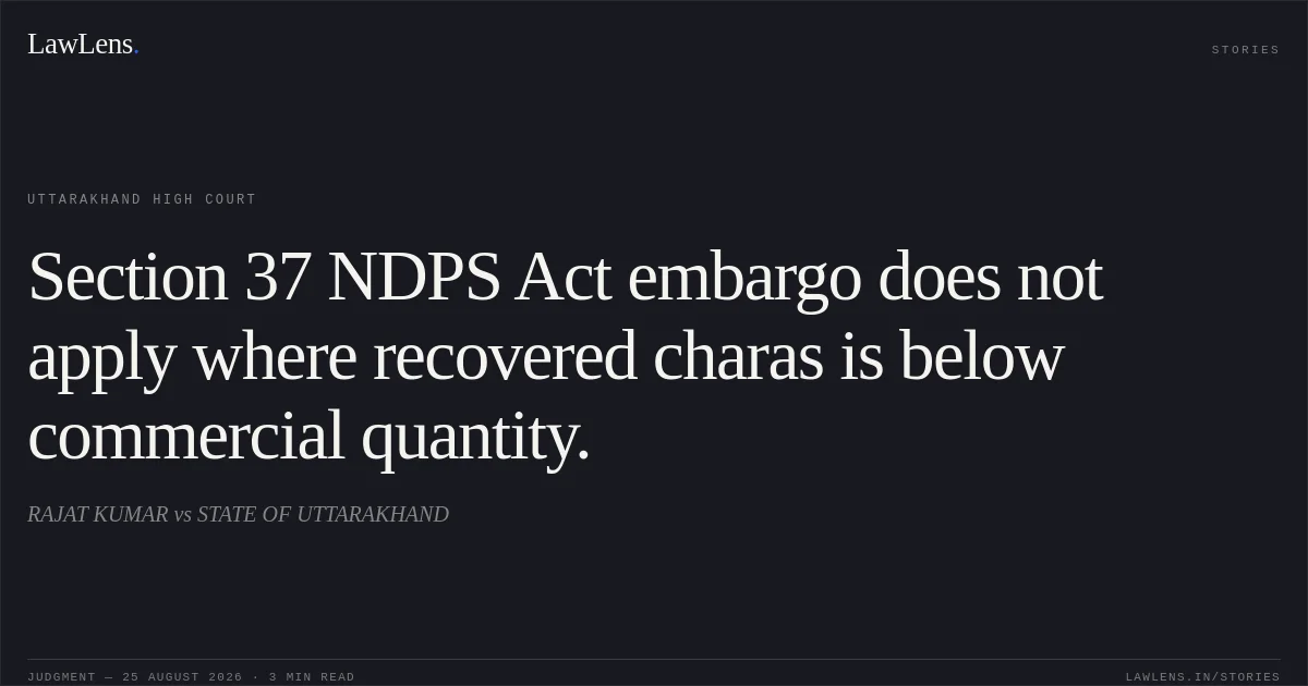 Section 37 NDPS Act embargo does not apply where recovered charas is below commercial quantity.. RAJAT KUMAR vs STATE OF UTTARAKHAND. Uttarakhand High Court. LawLens