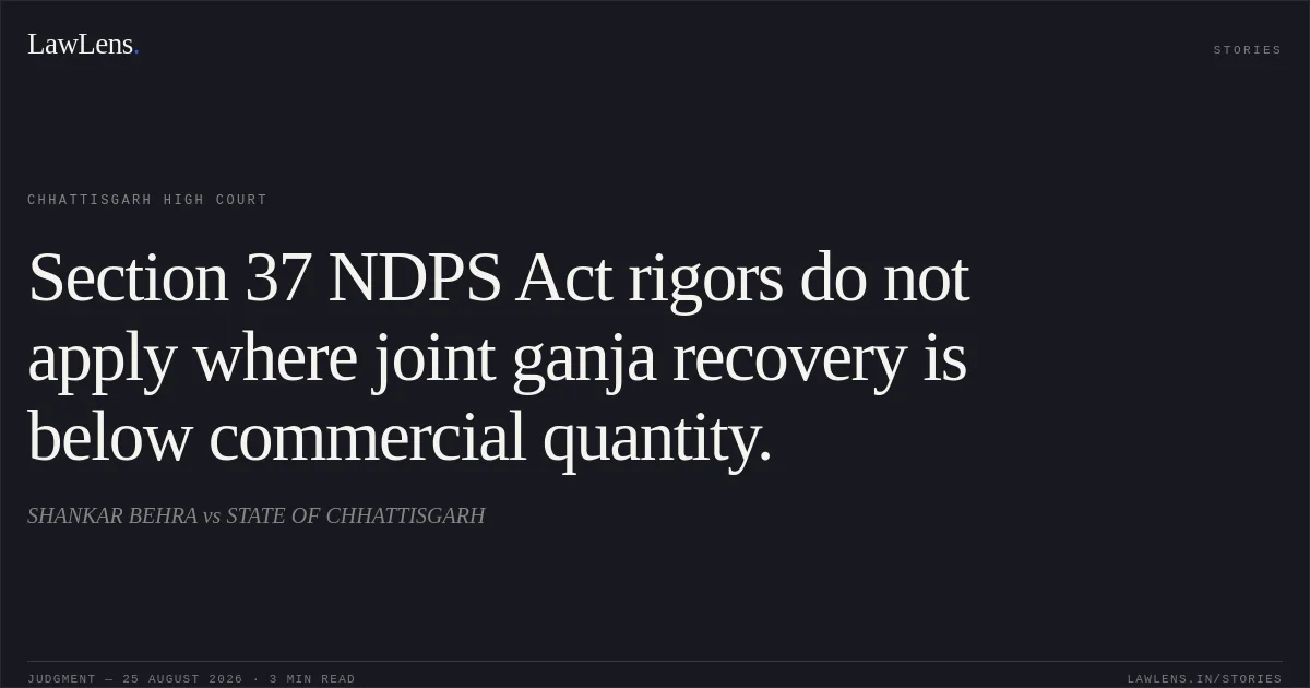 Section 37 NDPS Act rigors do not apply where joint ganja recovery is below commercial quantity.. SHANKAR BEHRA vs STATE OF CHHATTISGARH. Chhattisgarh High Court. LawLens