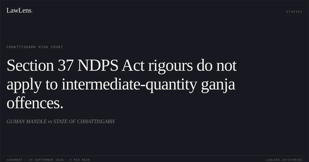 Section 37 NDPS Act rigours do not apply to intermediate-quantity ganja offences.. GUMAN MANDLE vs STATE OF CHHATTISGARH. Chhattisgarh High Court. LawLens