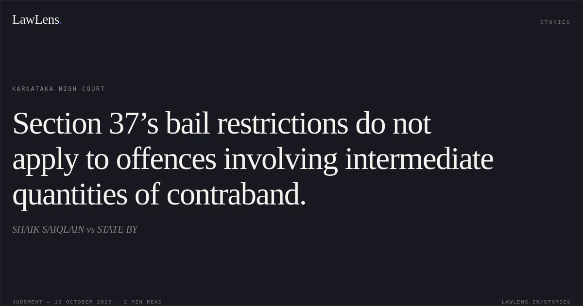 Section 37’s bail restrictions do not apply to offences involving intermediate quantities of contraband.. SHAIK SAIQLAIN vs STATE BY. Karnataka High Court. LawLens