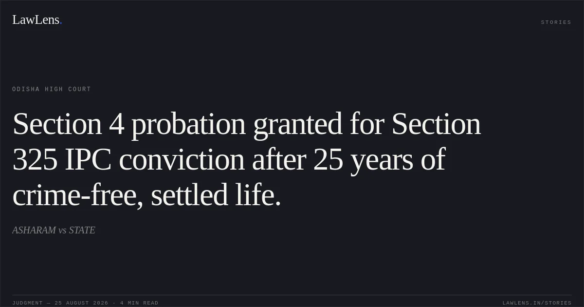 Section 4 probation granted for Section 325 IPC conviction after 25 years of crime-free, settled life.. ASHARAM vs STATE. Odisha High Court. LawLens