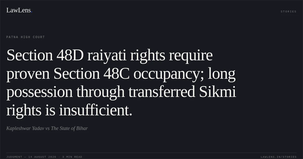 Section 48D raiyati rights require proven Section 48C occupancy; long possession through transferred Sikmi rights is insufficient.. Kapleshwar Yadav vs The State of Bihar. Patna High Court. LawLens