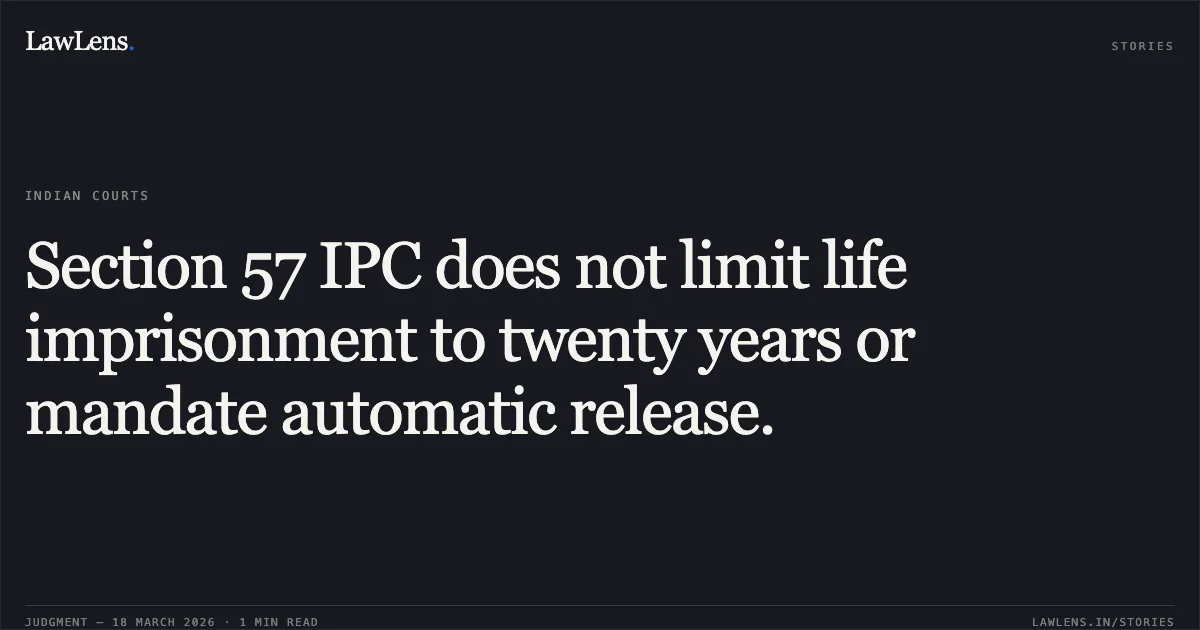 Section 57 IPC does not limit life imprisonment to twenty years or mandate automatic release.. SRI KISHAN vs THE STATE OF KARNATAKA. Karnataka High Court. LawLens