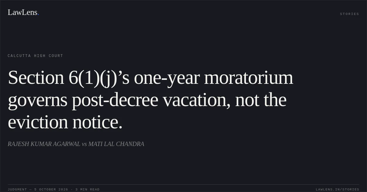 Section 6(1)(j)’s one-year moratorium governs post-decree vacation, not the eviction notice.. RAJESH KUMAR AGARWAL vs MATI LAL CHANDRA. Calcutta High Court. LawLens