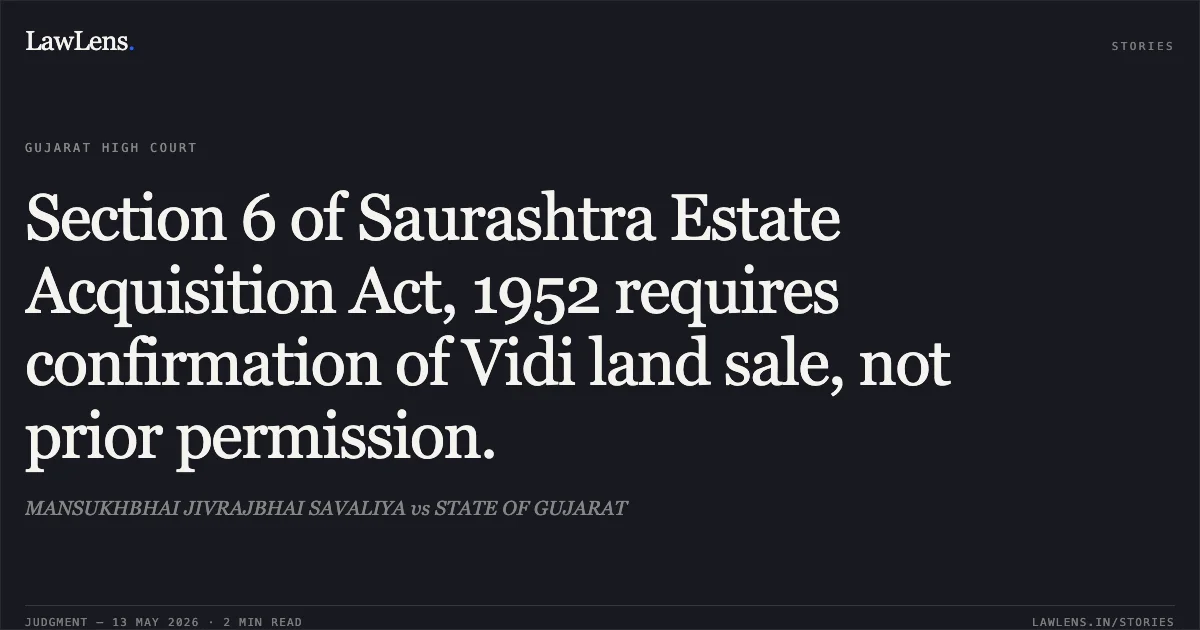 Section 6 of Saurashtra Estate Acquisition Act, 1952 requires confirmation of Vidi land sale, not prior permission.. MANSUKHBHAI JIVRAJBHAI SAVALIYA vs STATE OF GUJARAT. Gujarat High Court. LawLens