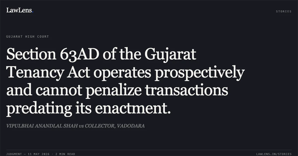 Section 63AD of the Gujarat Tenancy Act operates prospectively and cannot penalize transactions predating its enactment.. VIPULBHAI ANANDLAL SHAH vs COLLECTOR, VADODARA. Gujarat High Court. LawLens