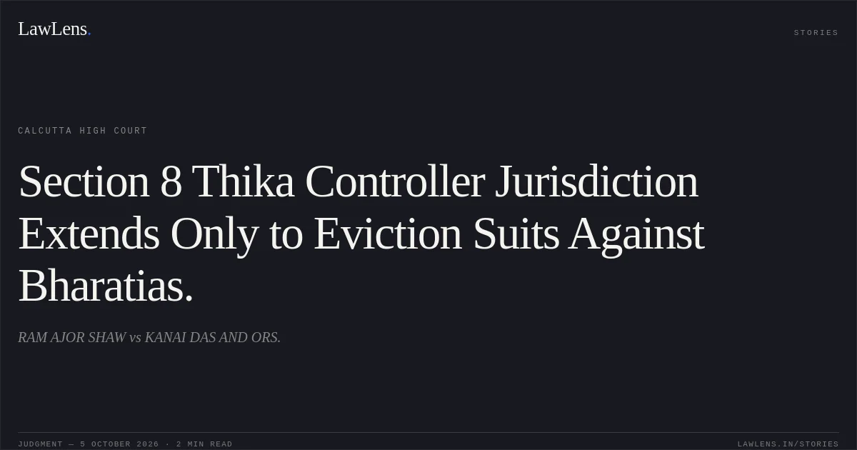 Section 8 Thika Controller Jurisdiction Extends Only to Eviction Suits Against Bharatias.. RAM AJOR SHAW vs KANAI DAS AND ORS.. Calcutta High Court. LawLens