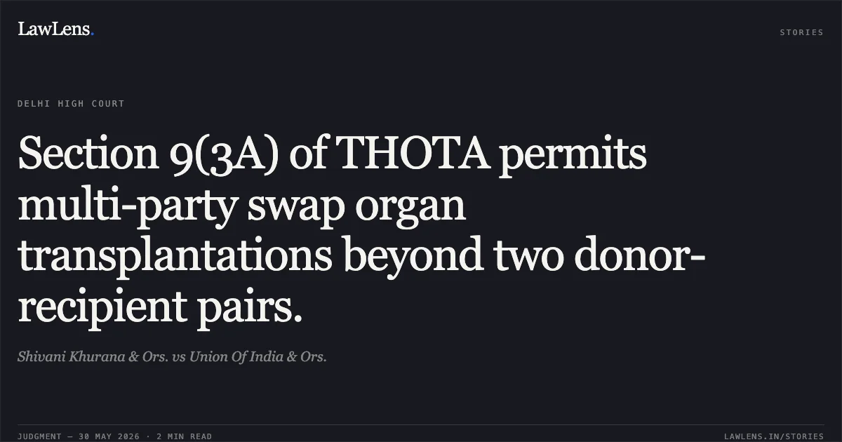 Section 9(3A) of THOTA permits multi-party swap organ transplantations beyond two donor-recipient pairs.. Shivani Khurana & Ors. vs Union Of India & Ors.. Delhi High Court. LawLens