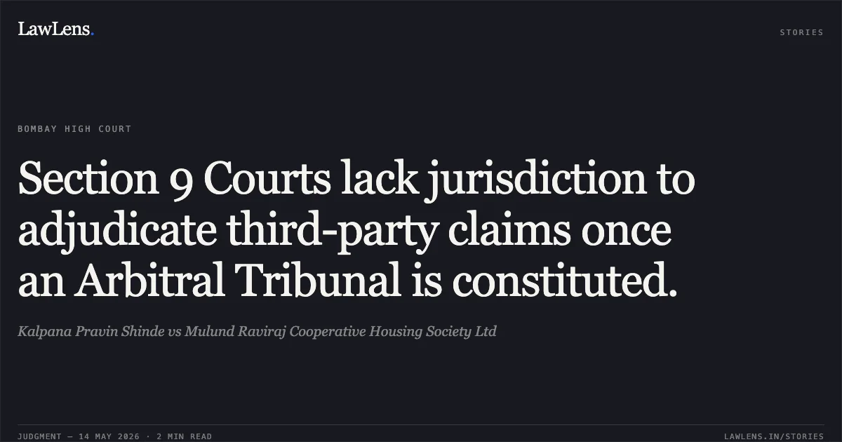 Section 9 Courts lack jurisdiction to adjudicate third-party claims once an Arbitral Tribunal is constituted.. Kalpana Pravin Shinde vs Mulund Raviraj Cooperative Housing Society Ltd. Bombay High Court. LawLens