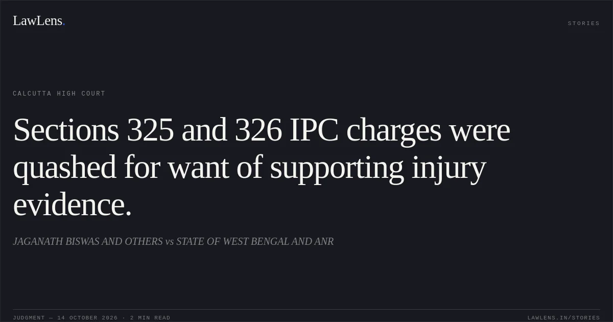 Sections 325 and 326 IPC charges were quashed for want of supporting injury evidence.. JAGANATH BISWAS AND OTHERS vs STATE OF WEST BENGAL AND ANR. Calcutta High Court. LawLens