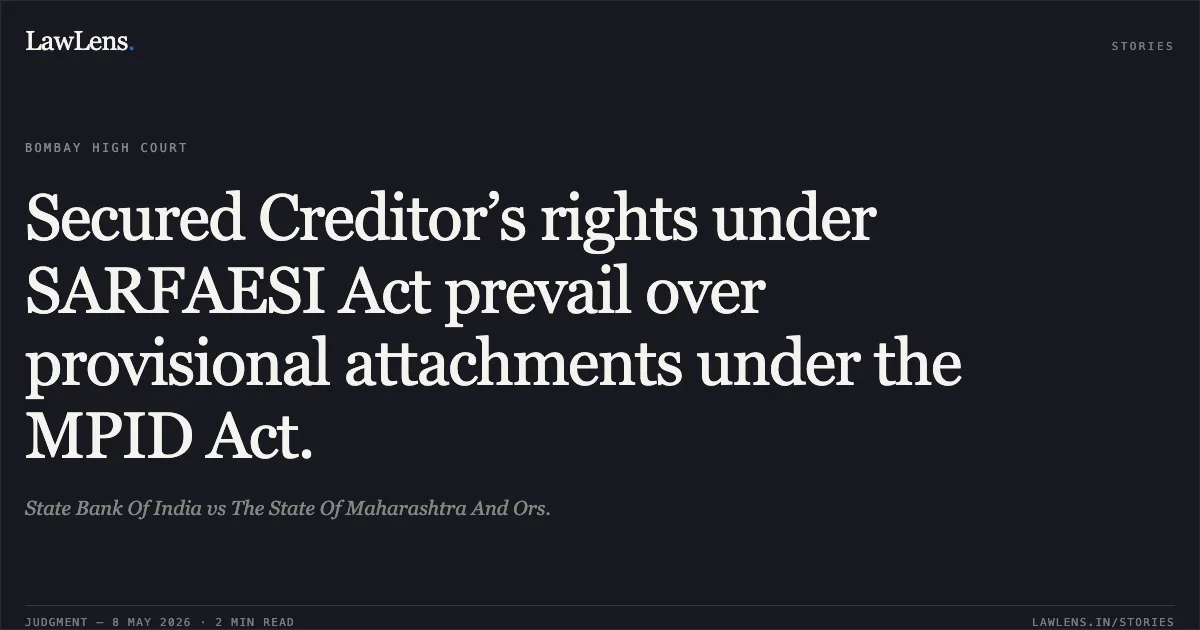Secured Creditor’s rights under SARFAESI Act prevail over provisional attachments under the MPID Act.. State Bank Of India vs The State Of Maharashtra And Ors.. Bombay High Court. LawLens