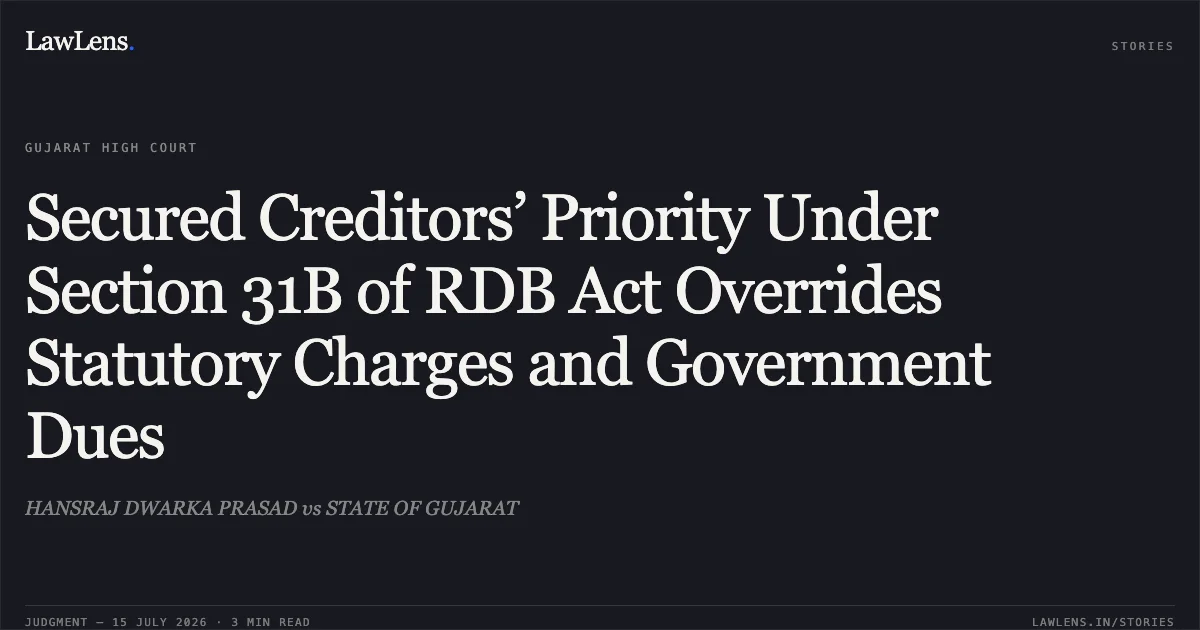 Secured Creditors’ Priority Under Section 31B of RDB Act Overrides Statutory Charges and Government Dues. HANSRAJ DWARKA PRASAD vs STATE OF GUJARAT. Gujarat High Court. LawLens