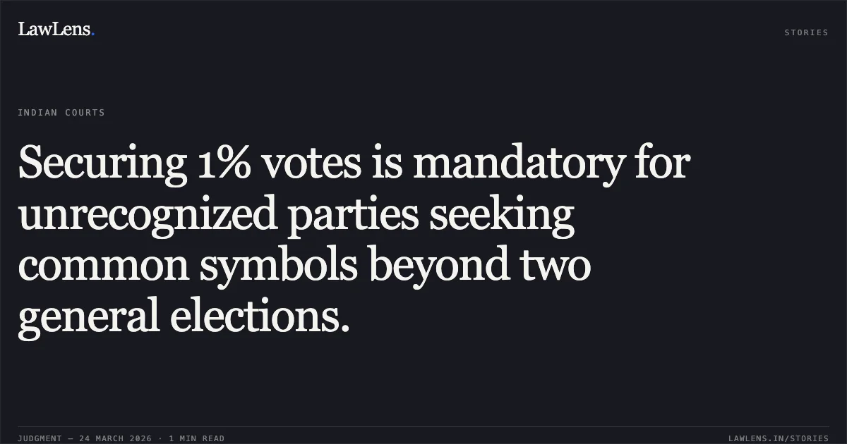 Securing 1% votes is mandatory for unrecognized parties seeking common symbols beyond two general elections.. DESIYA MAKKAL SAKTHI KATCHI vs Election Commission of India. Madras High Court. LawLens