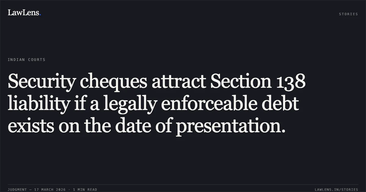 Security cheques attract Section 138 liability if a legally enforceable debt exists on the date of presentation.. Madhuri Commodities Private Ltd & Ors vs M/S Sony India Pvt Ltd. Delhi High Court. LawLens