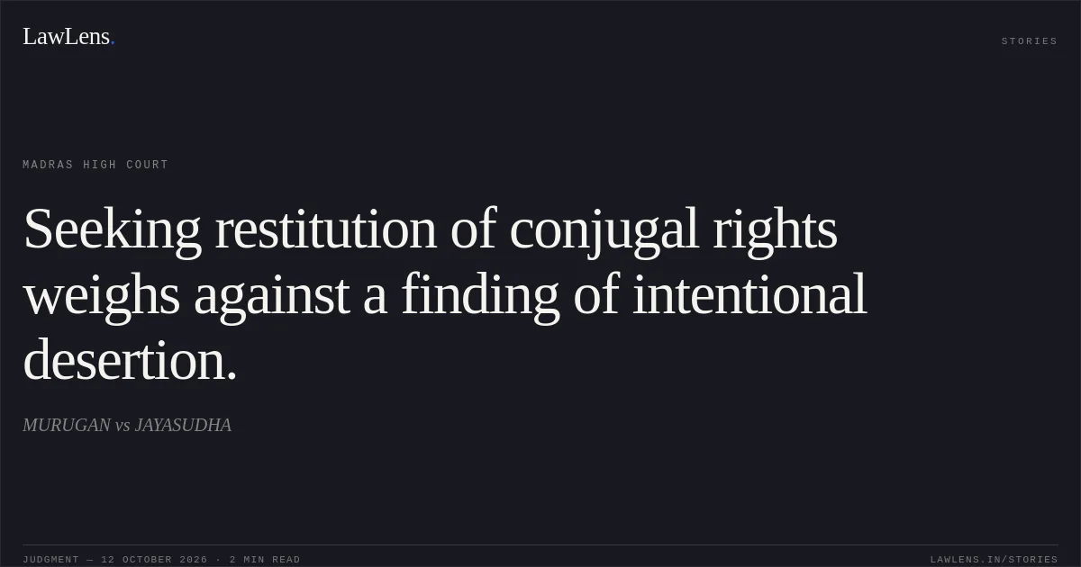 Seeking restitution of conjugal rights weighs against a finding of intentional desertion.. MURUGAN vs JAYASUDHA. Madras High Court. LawLens