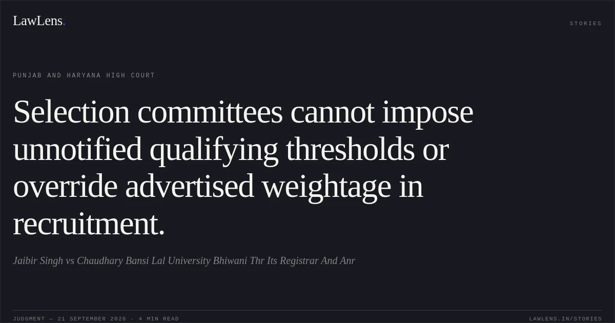 Selection committees cannot impose unnotified qualifying thresholds or override advertised weightage in recruitment.. Jaibir Singh vs Chaudhary Bansi Lal University Bhiwani Thr Its Registrar And Anr. Punjab and Haryana High Court. LawLens