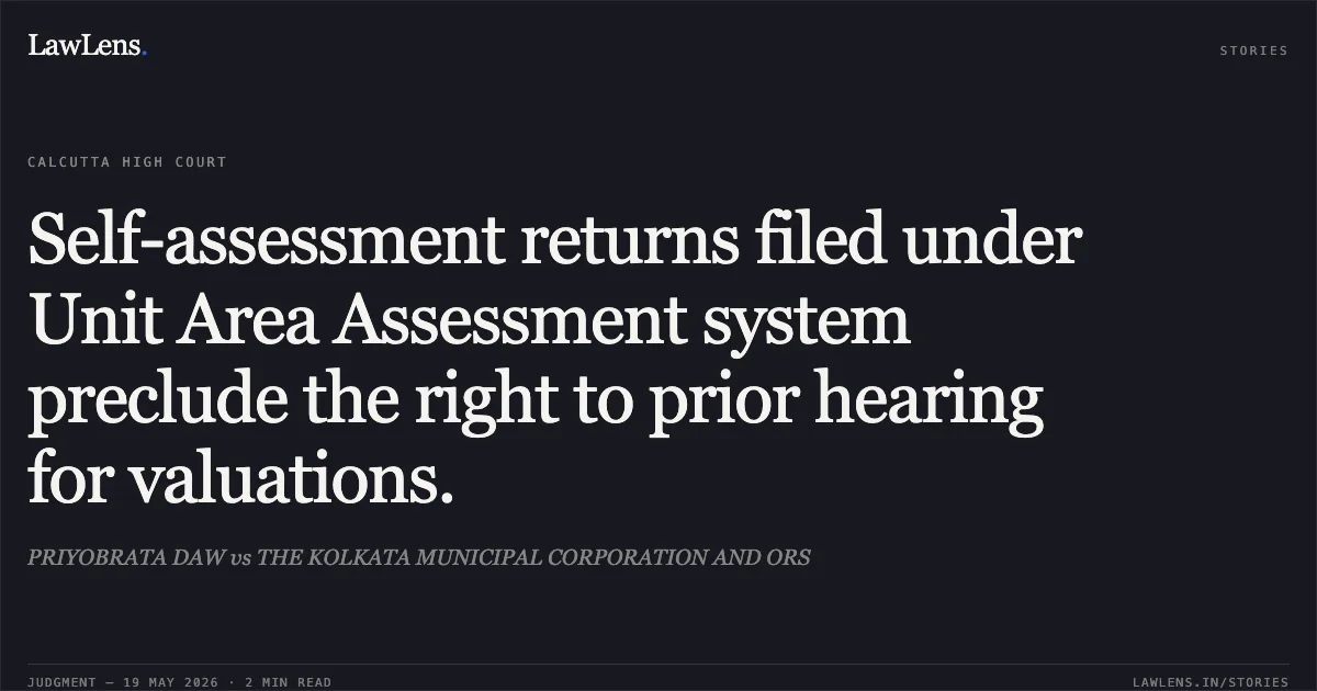 Self-assessment returns filed under Unit Area Assessment system preclude the right to prior hearing for valuations.. PRIYOBRATA DAW vs THE KOLKATA MUNICIPAL CORPORATION AND ORS. Calcutta High Court. LawLens