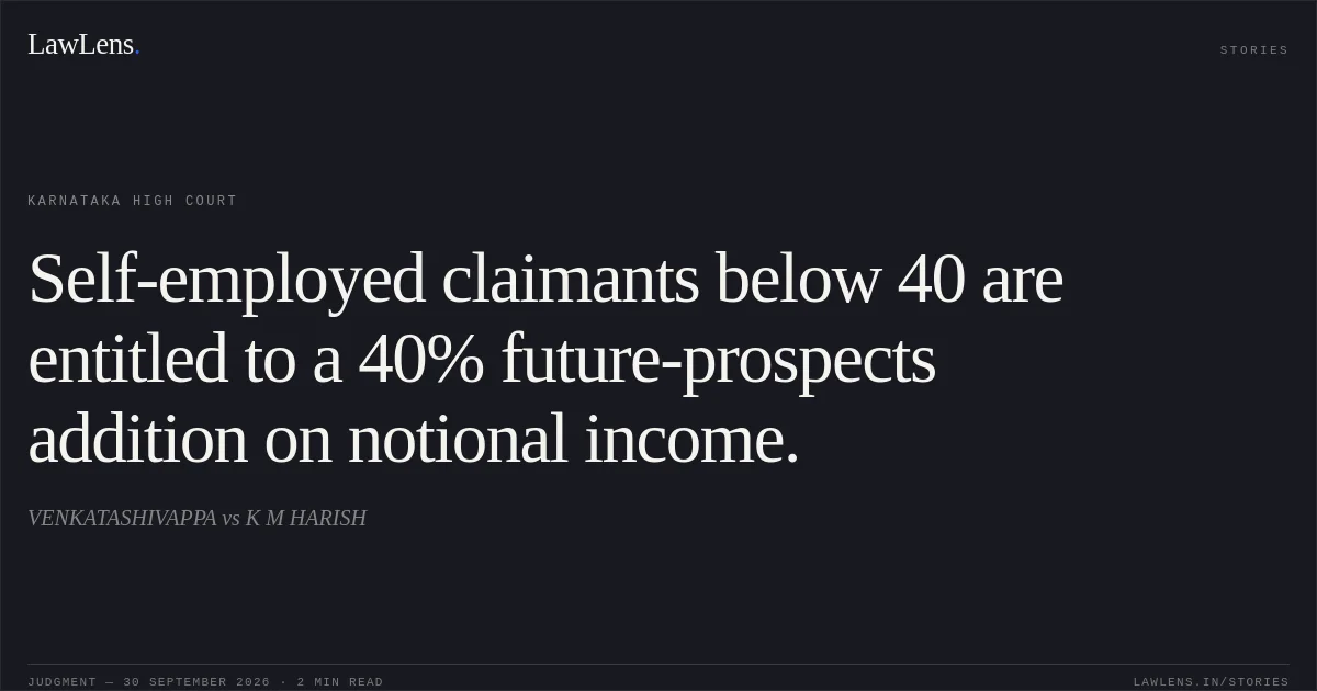 Self-employed claimants below 40 are entitled to a 40% future-prospects addition on notional income.. VENKATASHIVAPPA vs K M HARISH. Karnataka High Court. LawLens