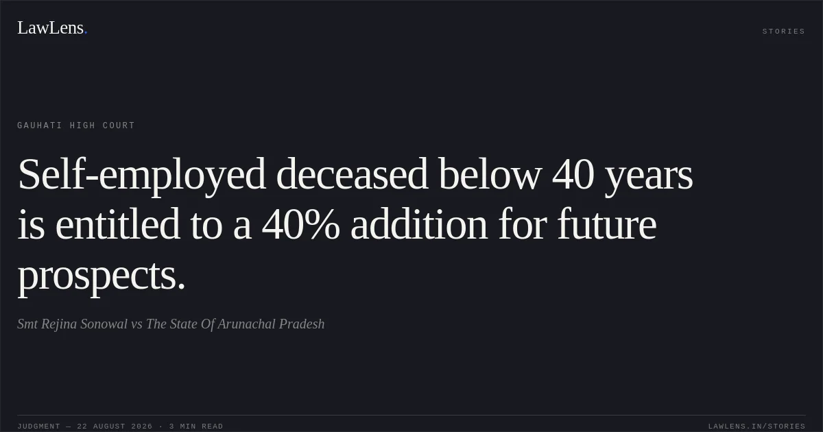 Self-employed deceased below 40 years is entitled to a 40% addition for future prospects.. Smt Rejina Sonowal vs The State Of Arunachal Pradesh. Gauhati High Court. LawLens