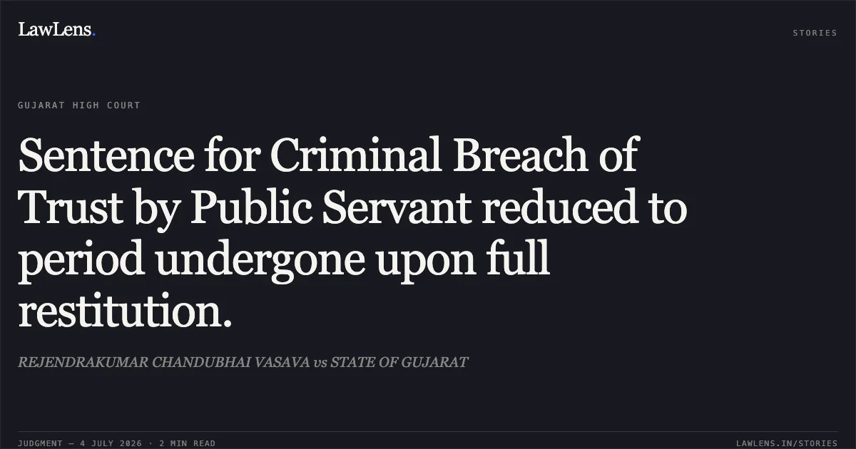 Sentence for Criminal Breach of Trust by Public Servant reduced to period undergone upon full restitution.. REJENDRAKUMAR CHANDUBHAI VASAVA vs STATE OF GUJARAT. Gujarat High Court. LawLens