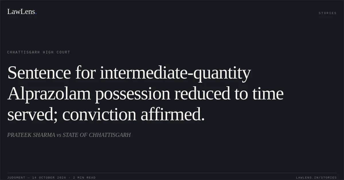 Sentence for intermediate-quantity Alprazolam possession reduced to time served; conviction affirmed.. PRATEEK SHARMA vs STATE OF CHHATTISGARH. Chhattisgarh High Court. LawLens