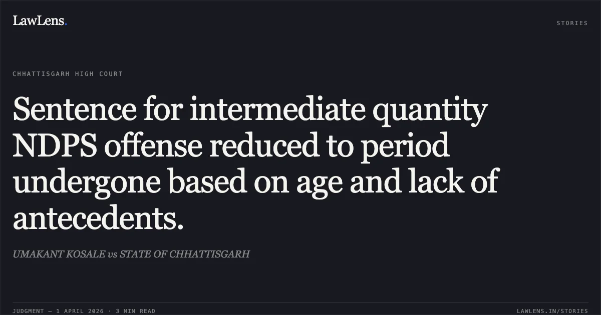Sentence for intermediate quantity NDPS offense reduced to period undergone based on age and lack of antecedents.. UMAKANT KOSALE vs STATE OF CHHATTISGARH. Chhattisgarh High Court. LawLens