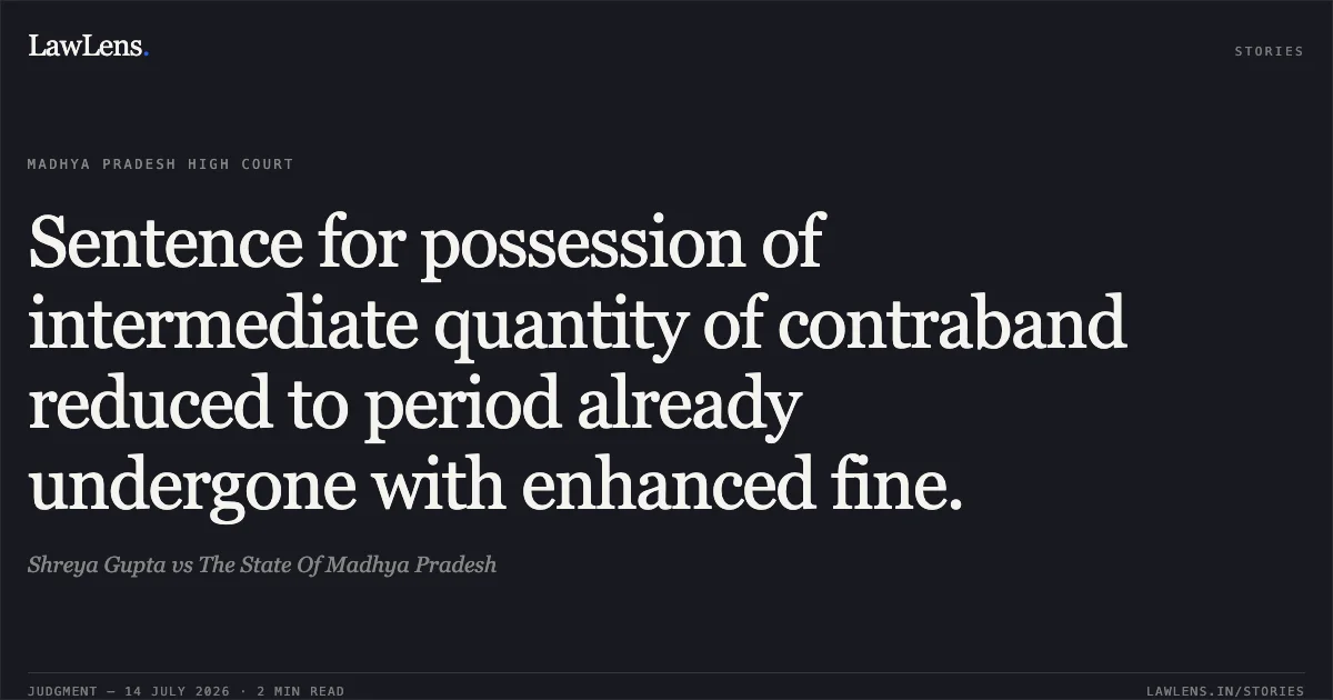 Sentence for possession of intermediate quantity of contraband reduced to period already undergone with enhanced fine.. Shreya Gupta vs The State Of Madhya Pradesh. Madhya Pradesh High Court. LawLens
