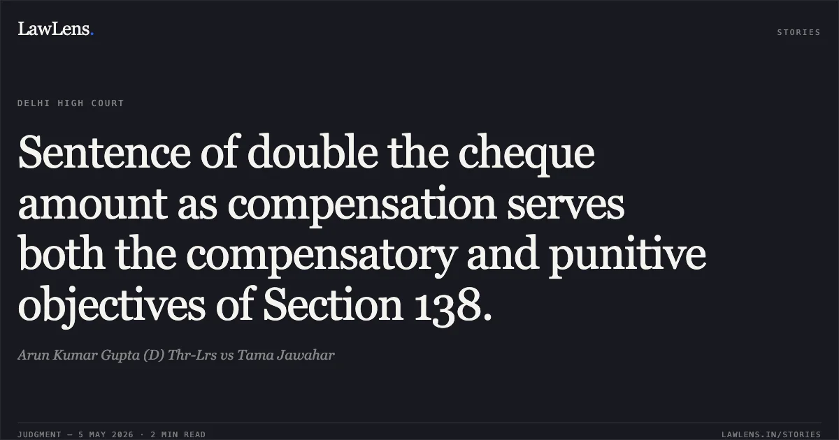 Sentence of double the cheque amount as compensation serves both the compensatory and punitive objectives of Section 138.. Arun Kumar Gupta (D) Thr-Lrs vs Tama Jawahar. Delhi High Court. LawLens