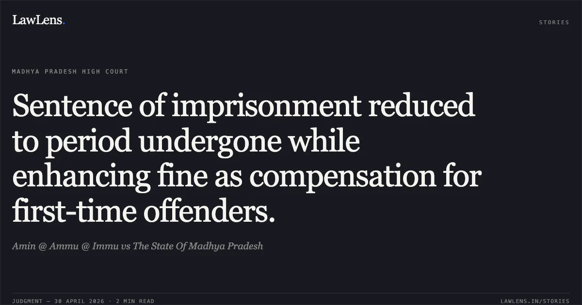 Sentence of imprisonment reduced to period undergone while enhancing fine as compensation for first-time offenders.. Amin @ Ammu @ Immu vs The State Of Madhya Pradesh. Madhya Pradesh High Court. LawLens