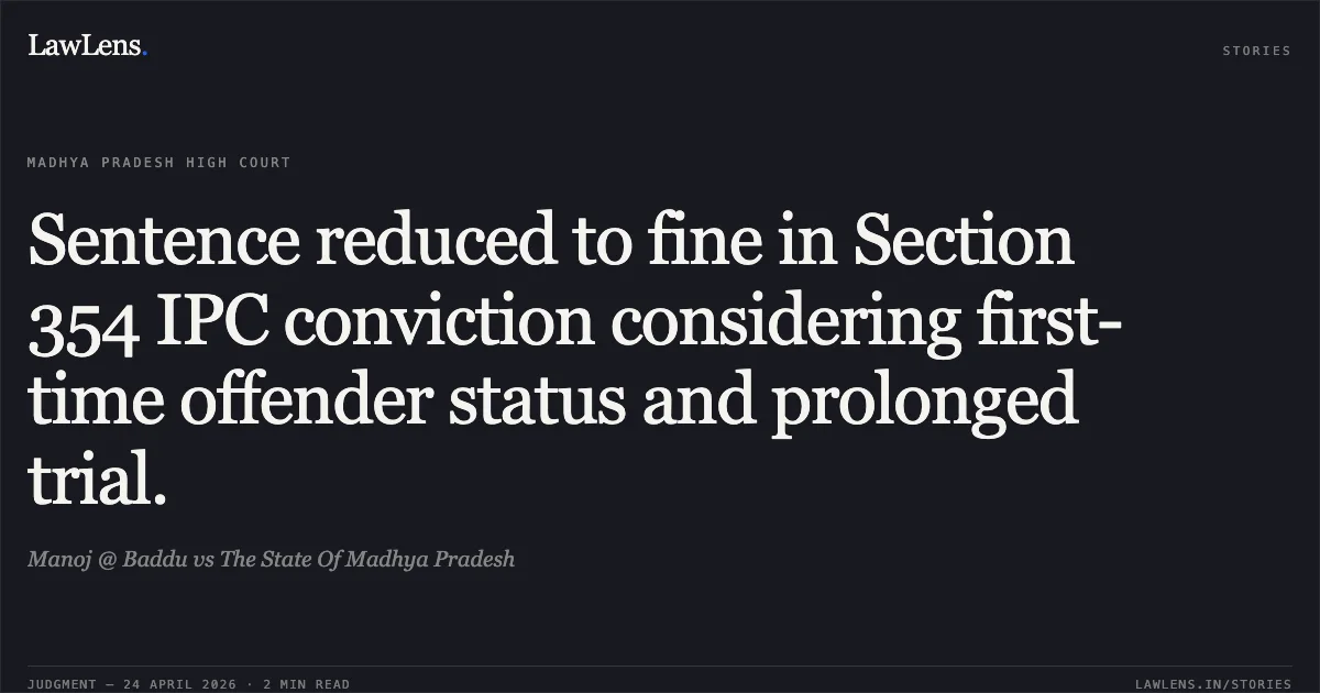 Sentence reduced to fine in Section 354 IPC conviction considering first-time offender status and prolonged trial.. Manoj @ Baddu vs The State Of Madhya Pradesh. Madhya Pradesh High Court. LawLens