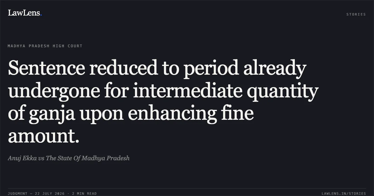 Sentence reduced to period already undergone for intermediate quantity of ganja upon enhancing fine amount.. Anuj Ekka vs The State Of Madhya Pradesh. Madhya Pradesh High Court. LawLens