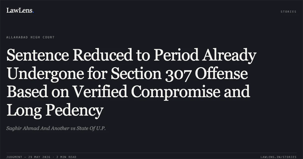 Sentence Reduced to Period Already Undergone for Section 307 Offense Based on Verified Compromise and Long Pedency. Saghir Ahmad And Another vs State Of U.P.. Allahabad High Court. LawLens