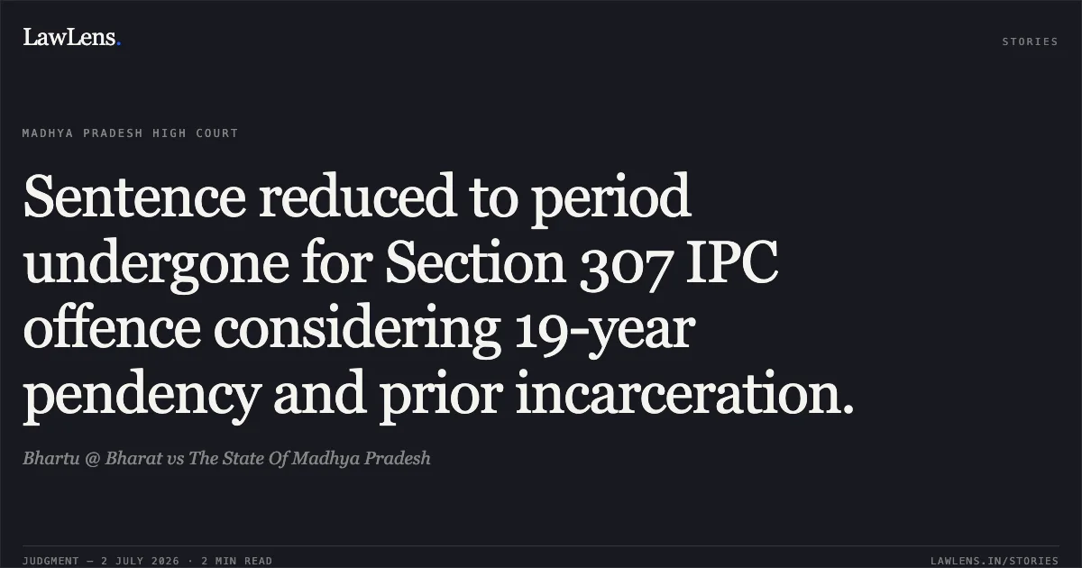 Sentence reduced to period undergone for Section 307 IPC offence considering 19-year pendency and prior incarceration.. Bhartu @ Bharat vs The State Of Madhya Pradesh. Madhya Pradesh High Court. LawLens