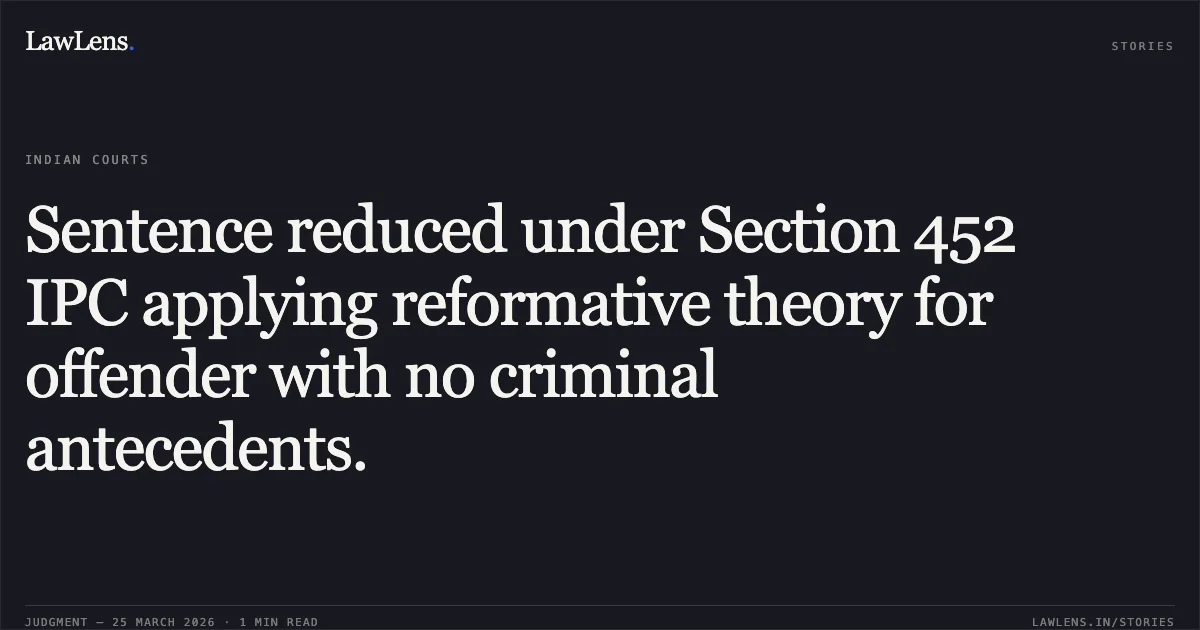 Sentence reduced under Section 452 IPC applying reformative theory for offender with no criminal antecedents.. RAGHAVENDRA MISHRA vs STATE OF CHHATTISGARH. Chhattisgarh High Court. LawLens