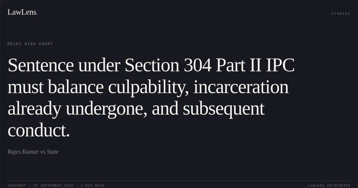 Sentence under Section 304 Part II IPC must balance culpability, incarceration already undergone, and subsequent conduct.. Rajes Kumar vs State. Delhi High Court. LawLens
