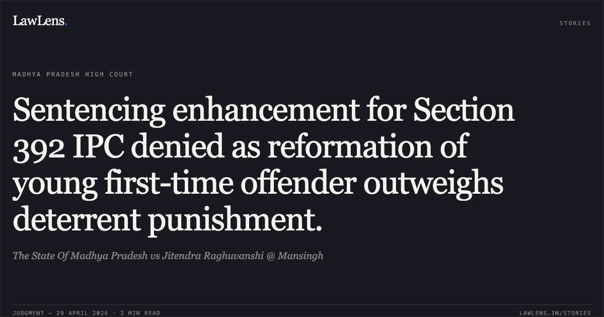 Sentencing enhancement for Section 392 IPC denied as reformation of young first-time offender outweighs deterrent punishment.. The State Of Madhya Pradesh vs Jitendra Raghuvanshi @ Mansingh. Madhya Pradesh High Court. LawLens