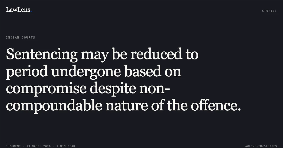 Sentencing may be reduced to period undergone based on compromise despite non-compoundable nature of the offence.. Rajveer Singh Nagpul & Ors. v. State of Chhattisgarh [2026:CGHC:11621]. Chhattisgarh High Court. LawLens