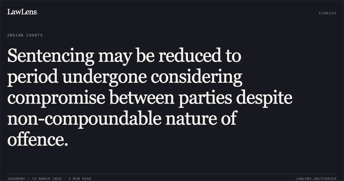 Sentencing may be reduced to period undergone considering compromise between parties despite non-compoundable nature of offence.. Rajvir Singh Nagpul & Ors. v. State of Chhattisgarh [CR. A. No. 2536 of 2025 & 2587 of 2025 (2026:CGHC:11621)]. Chhattisgarh High Court. LawLens