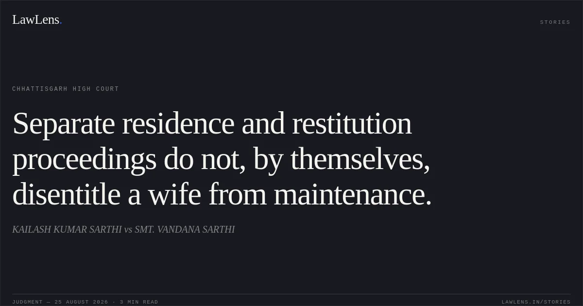 Separate residence and restitution proceedings do not, by themselves, disentitle a wife from maintenance.. KAILASH KUMAR SARTHI vs SMT. VANDANA SARTHI. Chhattisgarh High Court. LawLens