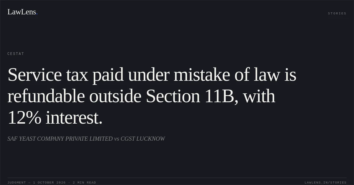Service tax paid under mistake of law is refundable outside Section 11B, with 12% interest.. SAF YEAST COMPANY PRIVATE LIMITED vs CGST LUCKNOW. CESTAT. LawLens