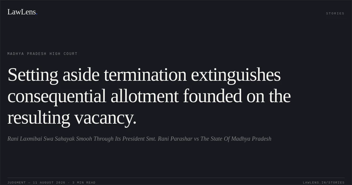 Setting aside termination extinguishes consequential allotment founded on the resulting vacancy.. Rani Laxmibai Swa Sahayak Smooh Through Its President Smt. Rani Parashar vs The State Of Madhya Pradesh. Madhya Pradesh High Court. LawLens