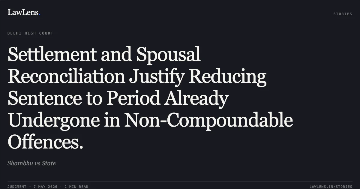 Settlement and Spousal Reconciliation Justify Reducing Sentence to Period Already Undergone in Non-Compoundable Offences.. Shambhu vs State. Delhi High Court. LawLens