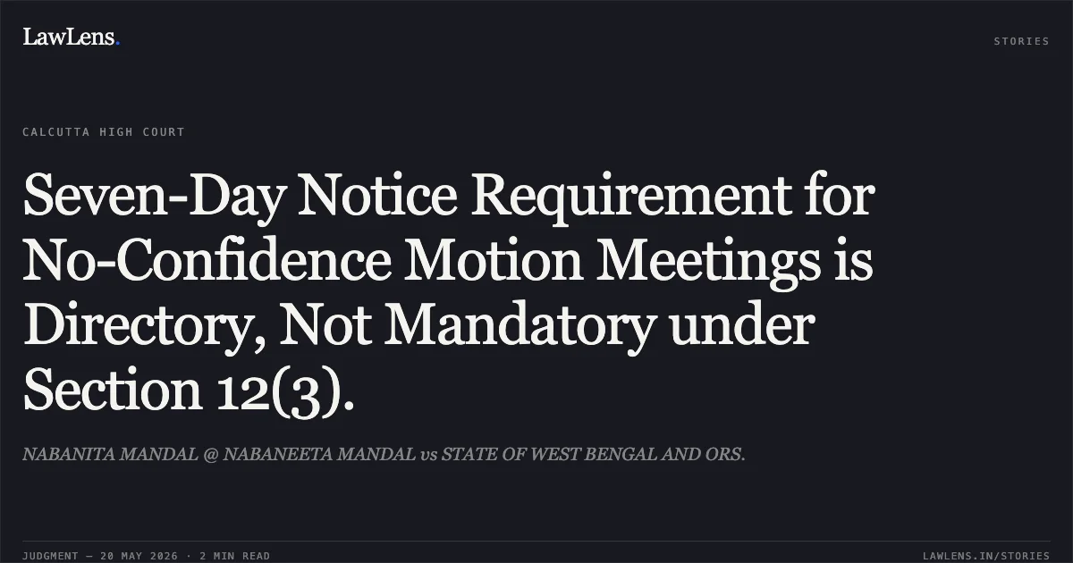 Seven-Day Notice Requirement for No-Confidence Motion Meetings is Directory, Not Mandatory under Section 12(3).. NABANITA MANDAL @ NABANEETA MANDAL vs STATE OF WEST BENGAL AND ORS.. Calcutta High Court. LawLens