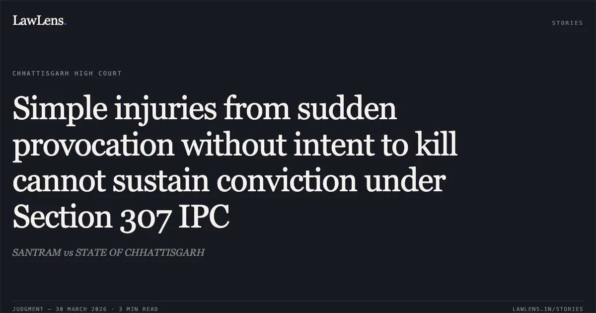 Simple injuries from sudden provocation without intent to kill cannot sustain conviction under Section 307 IPC. SANTRAM vs STATE OF CHHATTISGARH. Chhattisgarh High Court. LawLens