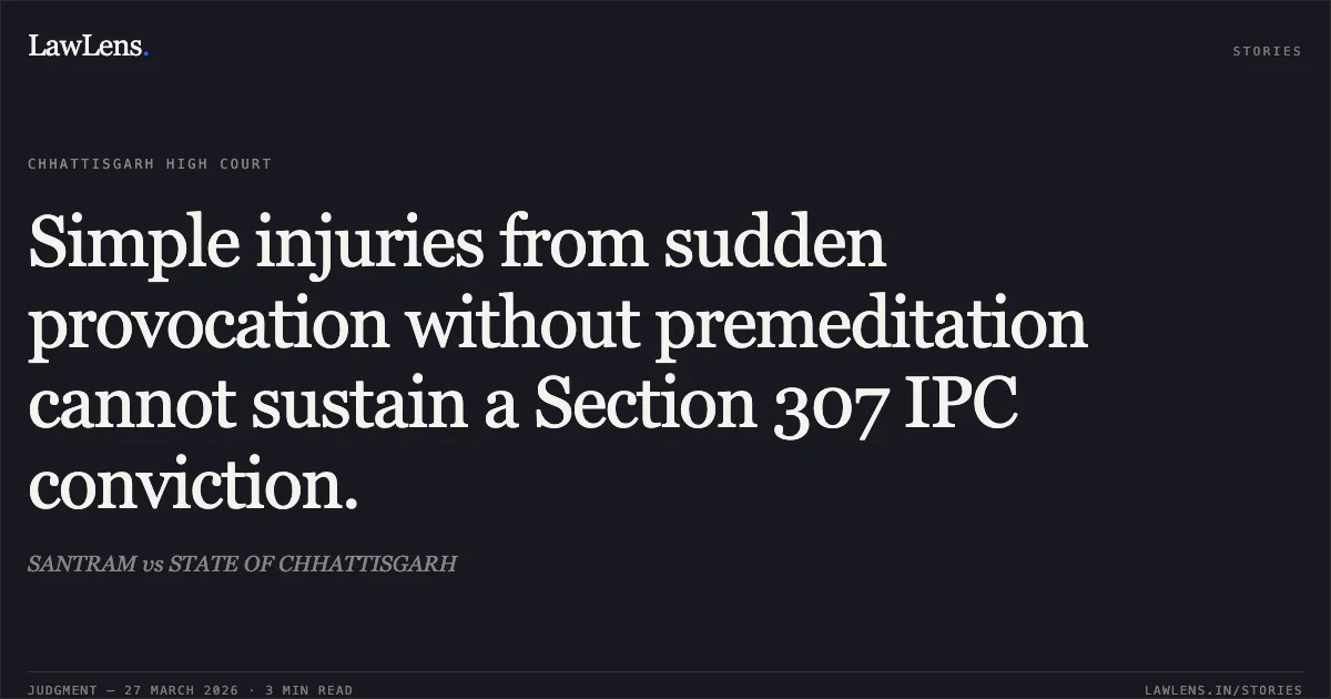 Simple injuries from sudden provocation without premeditation cannot sustain a Section 307 IPC conviction.. SANTRAM vs STATE OF CHHATTISGARH. Chhattisgarh High Court. LawLens