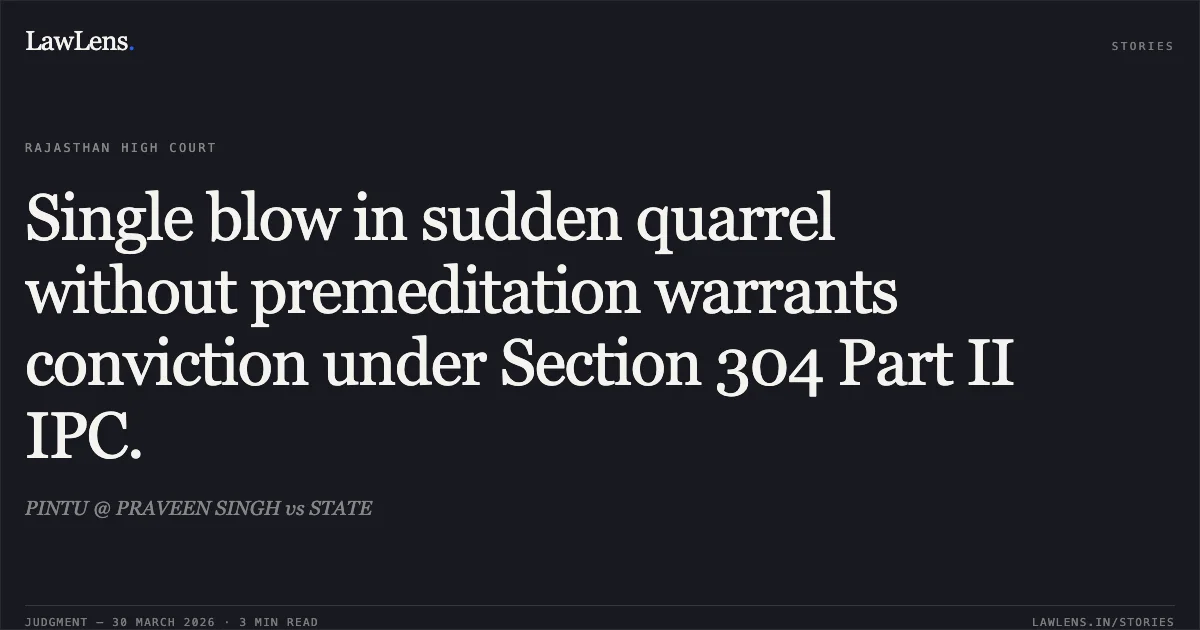 Single blow in sudden quarrel without premeditation warrants conviction under Section 304 Part II IPC.. PINTU @ PRAVEEN SINGH vs STATE. Rajasthan High Court. LawLens