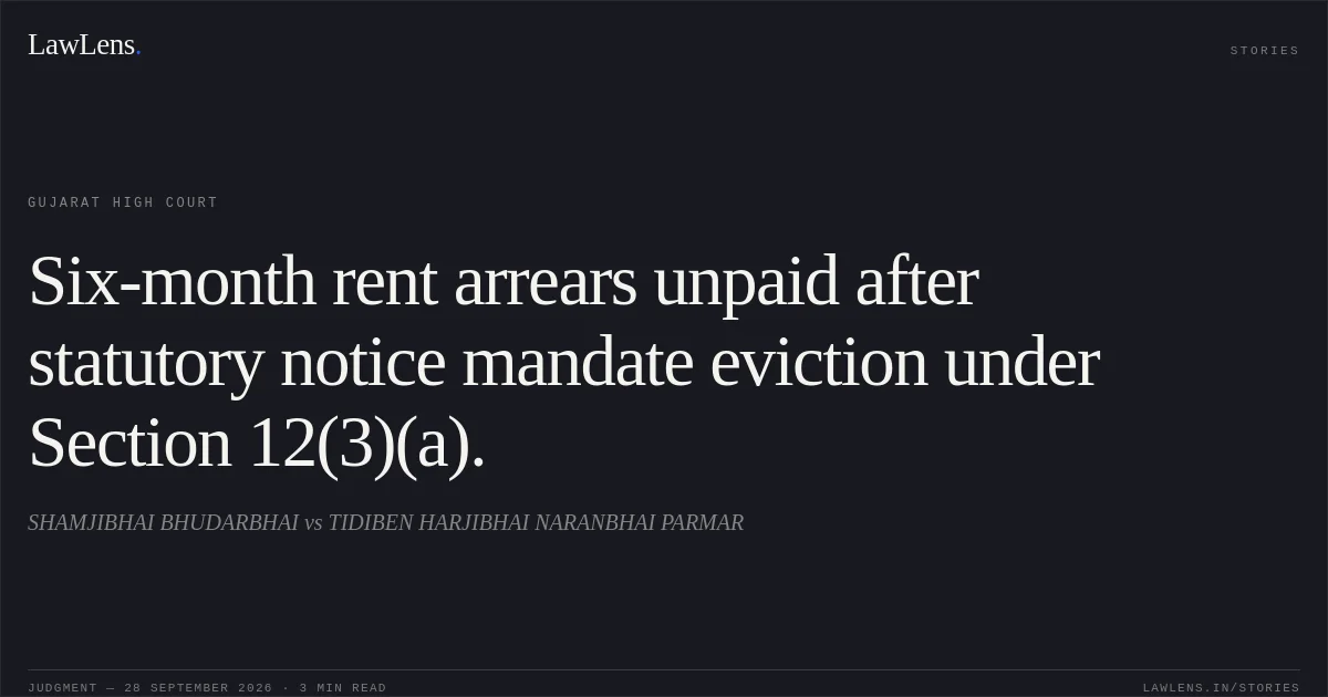 Six-month rent arrears unpaid after statutory notice mandate eviction under Section 12(3)(a).. SHAMJIBHAI BHUDARBHAI vs TIDIBEN HARJIBHAI NARANBHAI PARMAR. Gujarat High Court. LawLens