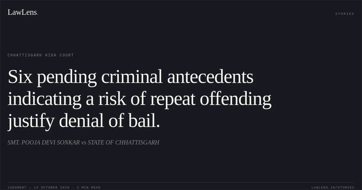 Six pending criminal antecedents indicating a risk of repeat offending justify denial of bail.. SMT. POOJA DEVI SONKAR vs STATE OF CHHATTISGARH. Chhattisgarh High Court. LawLens